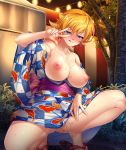  :q animal_print bangs bare_shoulders blue_eyes blue_kimono blush breasts breasts_outside cleavage eyebrows_visible_through_hair fish_print grass highres igawa_sakura japanese_clothes kagami_hirotaka kimono lantern large_breasts looking_at_viewer night nipples no_bra no_panties obi off_shoulder official_art open_clothes orange_hair outdoors public_nudity pussy_juice sandals sash shiny shiny_hair shiny_skin short_hair smile solo spread_legs squatting summer_festival taimanin_(series) taimanin_asagi taimanin_asagi_kessen_arena tongue tongue_out tree v v_over_eye yukata 