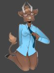  2018 anthro blush bovine breasts cattle clothed clothing daisy-marshmallow digital_media_(artwork) eyewear female glasses hair happy mammal necktie partially_clothed sitting small_breasts smile smirk solo toony 