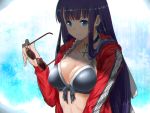  alternate_costume bangs bikini blue_eyes blunt_bangs blush breasts choker cleavage collarbone commentary_request cross day earrings eyebrows_visible_through_hair eyewear_removed fate/grand_order fate_(series) frilled_bikini frills front-tie_bikini front-tie_top grey_bikini holding holding_eyewear jacket jewelry large_breasts long_hair looking_at_viewer purple_hair rain red-framed_eyewear red_jacket saint_martha saint_martha_(swimsuit_ruler)_(fate) shade shiny shiny_skin skindentation smile solo sparkle sunglasses swimsuit tsuyadashi_shuuji upper_body very_long_hair wet wet_clothes 
