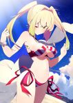  benio_(dontsugel) bikini blonde_hair bracelet breasts cloud fate/grand_order fate_(series) green_eyes highres jewelry nero_claudius_(fate)_(all) nero_claudius_(swimsuit_caster)_(fate) one_eye_closed sand smile solo striped striped_bikini sunlight swimsuit twintails underboob 