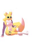  alpha_channel armwear azlech black_sclera blue_eyes breasts bridal_gauntlets clothing digimon dipstick_tail facial_markings featureless_breasts female fur leg_markings markings multicolored_tail navel neck_tuft renamon sitting solo tuft 