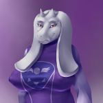  2017 anthro breasts bust_portrait caprine clothed clothing female fur goat horn howling-strawberries long_ears looking_at_viewer mammal nipple_bulge portrait red_eyes smile snout solo toriel undertale video_games white_fur white_horn 
