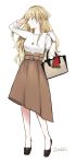  alternate_costume bag belt belt_buckle black_eyes black_footwear blonde_hair braid brown_skirt buckle casual character_name commentary full_body handbag highres italian_flag jewelry kantai_collection long_hair long_skirt looking_away looking_to_the_side morinaga_miki necklace no_legwear no_socks one_side_up pendant profile shirt shoes side_braid simple_background skirt sleeves_past_elbows solo standing wavy_hair white_background white_shirt zara_(kantai_collection) 
