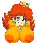  areolae arms_behind_back blue_eyes blush breasts commentary covered_nipples crown daisy dress earrings flower jewelry large_areolae leaning_forward looking_at_viewer mario_(series) mato_spectoru medium_hair mini_crown naughty_face no_bra orange_hair princess_daisy puffy_sleeves simple_background skin_tight smile solo super_mario_bros. teeth upper_body white_background yellow_dress 