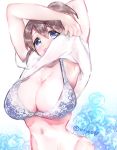  blue_eyes blush bra breasts brown_hair commentary_request eyebrows_visible_through_hair hair_between_eyes intrepid_(kantai_collection) kantai_collection large_breasts looking_at_viewer open_mouth shirt simple_background solo twitter_username underwear undressing viwop white_background white_shirt 