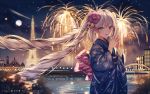  :d bangs blue_eyes blue_kimono blush building city_lights cityscape commentary eiffel_tower eyebrows_visible_through_hair fate/apocrypha fate_(series) fireworks floral_print flower full_moon hair_flower hair_ornament hands_together highres japanese_clothes junpaku_karen kimono long_hair long_sleeves looking_at_viewer marie_antoinette_(fate/grand_order) moon night night_sky obi open_mouth river romaji_commentary sash silver_hair sky smile solo twintails very_long_hair water wide_sleeves 