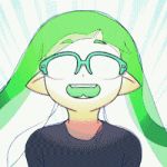  animated animated_gif bangs blunt_bangs epilepsy_warning fangs glasses green_hair inkling long_hair looking_up lowres mike_inel open_mouth semi-rimless_eyewear shirt smile solo speed_lines splatoon_(series) tentacle_hair upper_body wide-eyed wind 