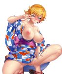  1girl :q animal_print bangs bare_shoulders blue_eyes blue_kimono blush breasts breasts_outside cleavage curvy eyebrows_visible_through_hair female fish_print grass happy highres igawa_sakura japanese_clothes kagami_hirotaka kimono lantern large_breasts lilith-soft looking_at_viewer naughty_face night nipples no_bra no_panties obi off_shoulder official_art orange_hair outdoors public_nudity pussy_juice sandals sash shiny shiny_hair shiny_skin short_hair simple_background smile solo spread_legs squatting sweat taimanin_(series) taimanin_asagi taimanin_asagi_battle_arena tongue_out tree v v_over_eye white_background yukata 