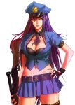  belt belt_buckle black_belt black_bra black_gloves black_neckwear bra breasts buckle caitlyn_(league_of_legends) cleavage commentary_request cowboy_shot crop_top detached_collar fingerless_gloves gloves gun hand_on_hip hat highres hips holding holding_weapon large_belt large_breasts league_of_legends long_hair miniskirt multicolored_hair navel necktie non_(nonzile) open_clothes open_shirt peaked_cap pink_lips pleated_skirt police police_hat police_uniform policewoman protected_link purple_hair rifle short_sleeves skirt slit_pupils stomach thigh_strap thighs underwear uniform weapon yellow_eyes 