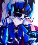  blue_eyes coat collared_dress dress elsword erun-cbal- fang fang_out hair_ornament hairclip hat highres horns jewelry luciela_r._sourcream necktie pointy_ears ponytail ring sleeveless sleeveless_dress smile spikes symbol-shaped_pupils timoria_(elsword) white_hair 