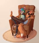 anthro ari_(caudamus) black_hair blue_eyes book chair choker clothing cup ear_tuft erintastic female freckles fur green_eyes grey_fur hair holding_object looking_at_another male mammal mouse multicolored_hair orange_fur pink_nose pink_tail rodent ruddi rug short_hair signature simple_background sitting squirrel tuft 