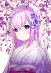  .live 1girl bangs blush breasts closed_mouth commentary_request eyebrows_visible_through_hair floral_print flower hair_between_eyes hair_flower hair_ornament japanese_clothes kimono long_hair long_sleeves looking_at_viewer medium_breasts motsunuki obi purple_eyes purple_hair sash smile solo wide_sleeves 
