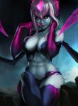  abs bare_shoulders black_sclera blue_skin breasts claws cleavage closed_mouth dandon_fuga elbow_gloves evelynn facial_mark gloves gradient_hair hand_on_own_neck large_breasts league_of_legends lips long_hair looking_at_viewer midriff multicolored_hair silver_hair sitting solo thighhighs two-tone_hair wide_hips yellow_eyes 
