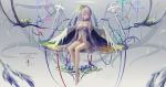  babydoll bare_shoulders barefoot choker collarbone hair_ornament highres long_hair looking_at_viewer no_panties one_side_up original purple_hair red_eyes see-through sitting solo wangchuan_de_quanyan wings 