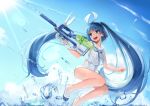  aliasing aqua_eyes aqua_hair clouds gun long_hair nipa-ko ole_tower school_swimsuit sky sunga2usagi swimsuit twintails water weapon wet 