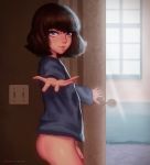  1boy androgynous blue_eyes blush bottomless brown_hair caustic_crayon censored come_hither flaccid heart-shaped_pupils light_switch lips looking_at_viewer looking_back no_panties original penis short_hair solo thighs trap 