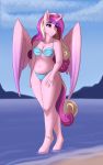  2018 absurd_res anklet anthro anthrofied bikini breasts cleavage clothed clothing digital_media_(artwork) equine eyelashes fairdahlia female friendship_is_magic hair hi_res horn jewelry long_hair mammal multicolored_hair my_little_pony outside pink_eyes princess_cadance_(mlp) solo swimsuit water winged_unicorn wings 