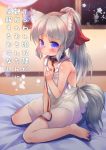  animal_ears barefoot bed between_legs blue_eyes blurry collar depth_of_field dog_collar dog_ears dog_tail dress fang_out flat_chest hand_between_legs leash long_hair looking_at_viewer on_bed original ponytail silver_hair sitting sitting_on_bed sleeveless sleeveless_dress tail tears toba_hiyoko translation_request wariza 