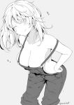  breasts commentary_request greyscale hands_on_hips kichihachi large_breasts leaning_forward long_hair monochrome naked_overalls one_eye_closed original overalls suspenders suspenders_slip 
