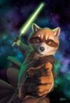  2018 anthro black_nose claws clothed clothing goldendruid lightsaber male mammal procyonid raccoon solo star_wars whiskers 