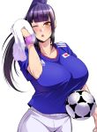  1girl breasts huge_breasts japan megane_man purple_hair soccer soccer_ball solo towel world_cup 