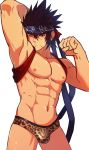  animal_print bara bare_chest brown_hair bulge chest clenched_hand dungeon_and_fighter f_jun headband highres leopard_print male_fighter_(dungeon_and_fighter) male_focus male_underwear muscle navel nipples one_eye_closed scar simple_background solo stretch thighs underwear 