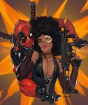  1girl afro bare_shoulders black_gloves black_hair bodysuit breasts brown_eyes cleavage dark_skin deadpool deadpool_(movie) deadpool_2 detached_sleeves domino_(marvel) facepaint fingerless_gloves firing gloves grabbing gun hand_on_another's_chin hands_up head_grab heterochromia holding holding_gun holding_weapon light_smile lips looking_at_viewer machine_gun marvel mask medium_hair muzzle_flash na_in-sung orange_eyes parted_lips shiny shiny_clothes signature sword sword_hilt upper_body vest weapon weapon_on_back 