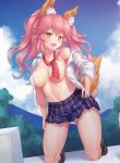  :d animal_ear_fluff animal_ears ass_visible_through_thighs bangs black_legwear blue_skirt blue_sky blush breasts chaou cloud collarbone collared_shirt commentary covered_nipples day dress_shirt dutch_angle eyebrows_visible_through_hair fang fate/extella fate/extra fate_(series) fingernails floating_hair fox_ears fox_tail full_body hair_between_eyes hand_on_hip head_tilt highres kneeling large_breasts long_hair long_sleeves looking_at_viewer mountain navel no_bra no_shoes off_shoulder open_mouth outdoors pink_hair plaid plaid_skirt pleated_skirt red_neckwear school_uniform shiny shiny_hair shiny_skin shirt sidelocks single_bare_shoulder skirt sky smile socks solo tail tamamo_(fate)_(all) tamamo_jk_(fate) thighs tree twintails unbuttoned yellow_eyes 