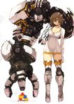  asymmetrical_legwear blackball breasts brown_eyes brown_hair building_block cleavage commentary covered_navel detached_collar dress full_body headgear long_sleeves mechanical_arm mechanical_legs mechanical_parts medium_breasts original prosthesis prosthetic_leg short_hair simple_background solo standing thighhighs white_background white_dress white_legwear zettai_ryouiki 