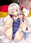  ankle_ribbon armpits azur_lane bad_id bad_twitter_id bare_shoulders barefoot blue_swimsuit blush breasts brown_gloves casual_one-piece_swimsuit choker collarbone commentary_request eyebrows_visible_through_hair feet german_flag germany gloves hat hat_removed headwear_removed highres iron_cross jacket kure_masahiro long_hair looking_at_viewer lying mole mole_under_eye on_back one-piece_swimsuit open_clothes open_jacket ribbon silver_hair small_breasts soles solo straw_hat sun_hat swimsuit tattoo very_long_hair white_jacket yellow_eyes z46_(azur_lane) 