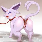  2018 alacarte anal anal_penetration anus blush bound collar dripping drooling eeveelution espeon female feral harness hi_res leash mammal nintendo open_mouth penetration pok&eacute;mon pok&eacute;mon_(species) pussy pussy_juice raised_tail saliva simple_background solo spread_anus spreading straps sweat video_games 