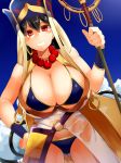  ass_visible_through_thighs bead_necklace beads bikini bikini_top black_hair blue_bikini blue_sky breasts cleavage cloud cloudy_sky commentary day dutch_angle earrings facominn fate/grand_order fate_(series) gold_trim hair_between_eyes hat highres hoop_earrings jewelry large_breasts necklace outdoors prayer_beads red_eyes shakujou sky solo staff swimsuit xuanzang_(fate/grand_order) 