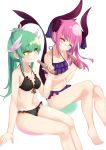  bad_id bad_pixiv_id bikini black_bikini bottle breasts bugbook closed_eyes commentary_request curled_horns dragon_horns elizabeth_bathory_(fate) elizabeth_bathory_(fate)_(all) facing_another fate/extra fate/extra_ccc fate/grand_order fate_(series) green_hair holding holding_bottle horns kiyohime_(fate/grand_order) kiyohime_(swimsuit_lancer)_(fate) long_hair looking_at_another multiple_girls pink_hair pointy_ears ponytail purple_bikini sitting small_breasts smile swimsuit tail white_background yellow_eyes 