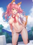 :d animal_ear_fluff animal_ears ass_visible_through_thighs bangs black_legwear black_panties blue_sky blush breasts chaou cloud collarbone collared_shirt covered_nipples day dress_shirt dutch_angle eyebrows_visible_through_hair fang fate/extella fate/extra fate_(series) fingernails floating_hair fox_ears fox_tail full_body groin hair_between_eyes hand_on_hip head_tilt highres kneeling lace lace-trimmed_panties large_breasts long_hair long_sleeves looking_at_viewer mountain navel no_bra no_shoes off_shoulder open_mouth outdoors panties pink_hair red_neckwear school_uniform shiny shiny_hair shiny_skin shirt side-tie_panties sidelocks single_bare_shoulder sky smile socks solo stomach tail tamamo_(fate)_(all) tamamo_jk_(fate) thighs tree twintails unbuttoned underwear yellow_eyes 