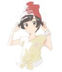  alternate_hairstyle beanie black_hair commentary hat mizuki_(pokemon) pokemon pokemon_(game) pokemon_sm red_hat shirt short_hair short_sleeves simple_background solo tied_shirt unapoppo white_background z-ring 