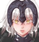  close-up eyebrows_visible_through_hair face fate/grand_order fate_(series) fur_trim headpiece jeanne_d'arc_(alter)_(fate) jeanne_d'arc_(fate)_(all) lips looking_at_viewer nyuu_(manekin-eko) parted_lips short_hair silver_hair simple_background solo sweatdrop white_background yellow_eyes 