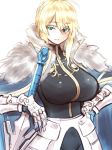  ahoge artoria_pendragon_(all) artoria_pendragon_(lancer) bangs black_shirt blonde_hair blue_cape blush braid breasts cape closed_mouth commentary cosplay excalibur_galatine eyebrows_visible_through_hair eyelashes fate/extra fate/grand_order fate_(series) faulds french_braid fur-trimmed_cape fur_trim gauntlets gawain_(fate/grand_order) gawain_(fate/grand_order)_(cosplay) green_eyes hair_between_eyes hair_bun hand_on_hip hayama_kazusa highres huge_breasts long_hair looking_at_viewer shirt sidelocks simple_background smile solo swept_bangs sword weapon white_background 