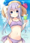  arm_behind_head armpits bikini blue_eyes blue_sky blush breasts closed_mouth cloud cloudy_sky collarbone commentary_request crescent crescent_hair_ornament cup day drinking_glass drinking_straw eyebrows_visible_through_hair hair_between_eyes hair_ornament hat holding holding_cup kantai_collection lavender_hair long_hair looking_at_viewer navel purple_bikini side-tie_bikini sketch sky small_breasts smile solo sou_(soutennkouchi) straw_hat sunlight swimsuit twitter_username yayoi_(kantai_collection) 