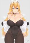  1girl absurdres animal_ears areolae azur_lane bare_shoulders black_gloves blonde_hair blue_eyes breasts breasts_outside breath brown_legwear bunny_ears bunnysuit choker covered_navel cowboy_shot cross_choker curvy fake_animal_ears gloves gluteal_fold grey_background hairband heart heart-shaped_pupils highres kuavera large_breasts leotard long_hair looking_at_viewer north_carolina_(azur_lane) off_shoulder open_clothes open_shirt paid_reward pantyhose patreon_reward shiny shiny_skin simple_background smile solo strapless strapless_leotard symbol-shaped_pupils thighs wide_hips 