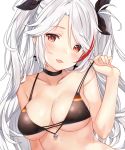  anchor azur_lane blush breasts choker cleavage collarbone commentary english_commentary eyebrows_visible_through_hair head_tilt hitsukuya large_breasts lifted_by_self multicolored_hair prinz_eugen_(azur_lane) red_eyes red_hair silver_hair smile solo strap_lift streaked_hair two_side_up upper_body work_in_progress 