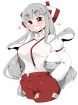  absurdres bangs bow breasts collared_shirt cropped_legs eyebrows_visible_through_hair fujiwara_no_mokou grin hair_bow hands_in_pockets heart highres long_hair long_sleeves looking_at_viewer ofuda ofuda_on_clothes pants pocket red_eyes red_pants shirt sidelocks silver_hair simple_background smile solo standing suspenders takeu thick_eyebrows touhou upper_body very_long_hair white_background white_shirt wing_collar 
