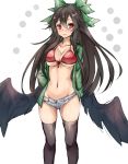  3: amagi_(amagi626) bikini_top black_hair black_legwear black_wings blush bow breasts circle collarbone commentary_request denim denim_shorts feet_out_of_frame green_bow green_jacket grey_shorts groin hair_between_eyes hair_bow hand_in_pocket highres hood hooded_jacket jacket large_breasts long_hair long_sleeves looking_at_viewer low_wings navel red_bikini_top red_eyes reiuji_utsuho short_shorts shorts simple_background skindentation sleeves_past_fingers sleeves_past_wrists solo standing stomach thighhighs thighs touhou underboob very_long_hair white_background wings 