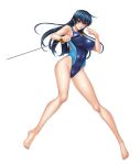  bangs bare_legs bare_shoulders barefoot blue_hair breasts closed_mouth commentary_request competition_swimsuit covered_navel covered_nipples fingernails full_body green_eyes highres holding holding_sword holding_weapon igawa_asagi kagami_hirotaka large_breasts long_hair looking_at_viewer official_art one-piece_swimsuit parted_lips reverse_grip shiny shiny_clothes shiny_skin simple_background solo swimsuit sword taimanin_(series) taimanin_asagi thighs weapon white_background 