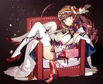 2017 bangs black_bow bow breasts brown_hair brown_hairband candy candy_cane chair cherry chocolate chocolate_syrup closed_mouth drill_hair elbow_gloves flower food frilled_hairband frills fruit full_body gloves hairband high_heels large_breasts long_hair looking_at_viewer merry_christmas ninomoto original pink_eyes red_flower red_footwear red_rose rose shoes smile solo star thighhighs white_gloves white_legwear 