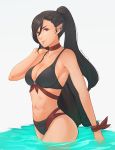  artist_name bikini black_bikini breasts choker cleavage coat coat_removed earrings elezen elf eyebrows_visible_through_hair final_fantasy final_fantasy_xiv hilda_(ff14) hybrid jewelry koyorin large_breasts looking_at_viewer pointy_ears ponytail red_eyes smile solo standing swimsuit wading water 