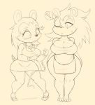  2018 ? animal_crossing anthro apron blush breasts cleavage clothed clothing duo female freckles hedgehog hi_res labelle_able mammal monochrome nintendo one_eye_closed purple_yoshi_draws sable_able tape_measure video_games 