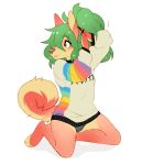  anthro canine clothing curled_tail female fur green_eyes green_hair hair hair_tie kneeling looking_away mammal multicolored_fur panties pink_fur ponytail simple_background solo sweater underwear white_background yellow_fur zamzi 