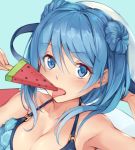  arm_behind_head armpit_peek bikini blue_background blue_bikini blue_eyes blue_hair blush breasts cleavage close-up collarbone double_bun eating eyebrows_visible_through_hair food frilled_bikini frills fumikiri hair_between_eyes hat innertube kantai_collection large_breasts licking long_hair looking_at_viewer lying on_back open_mouth popsicle sailor_hat simple_background solo swimsuit urakaze_(kantai_collection) watermelon_bar white_hat 