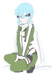  absurdres arms_between_legs blue_eyes blue_hair breasts cleavage frown full_body hair_ornament hair_over_one_eye hairclip highres looking_at_viewer scarf short_hair simple_background sinon solo squatting sunhyun sword_art_online white_background white_scarf 