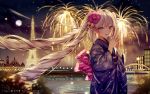  :d bangs blue_eyes blue_kimono blush building city_lights cityscape commentary eiffel_tower eyebrows_visible_through_hair fate/apocrypha fate_(series) fireworks floral_print flower full_moon hair_flower hair_ornament hands_together highres japanese_clothes junpaku_karen kimono long_hair long_sleeves looking_at_viewer marie_antoinette_(fate/grand_order) moon night night_sky obi open_mouth river romaji_commentary sash silver_hair sky smile solo twintails v very_long_hair water wide_sleeves 